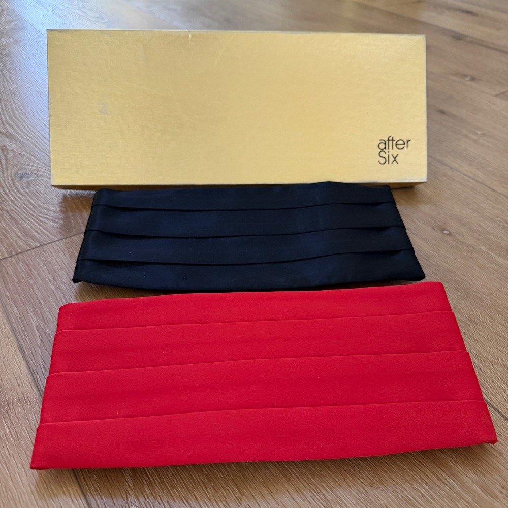 After Six Vintage Mens Cummerbund Set Black Red Pleated Tuxedo Sash USA 28-36